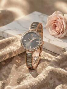 Swarovski 1pc Rose Gold Tone Round Quartz Wrist Watch With Grey Rectangle Glass Rhinestone Bezel & Band, Elegant Women Watch For Daily Party - Grey - View 8