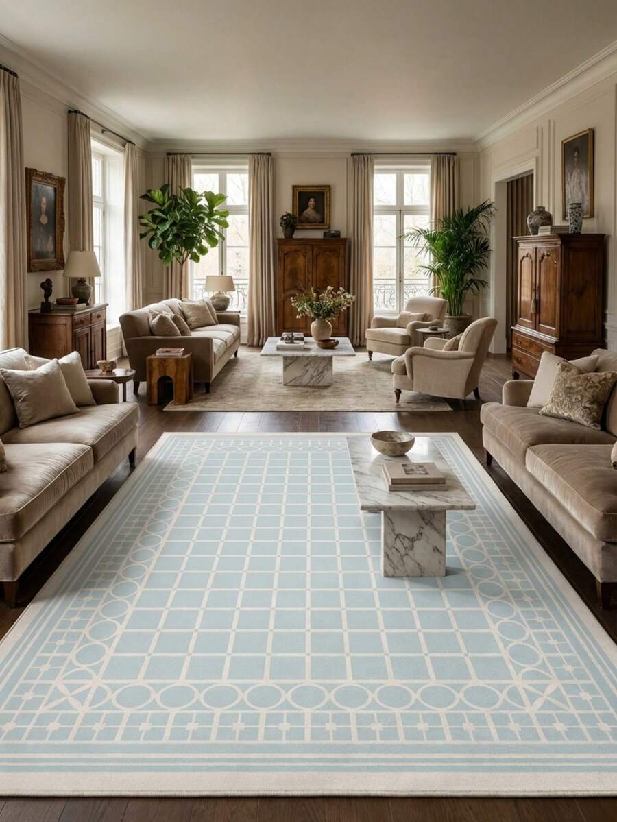 1PC Light Blue & White Geometric Grid Area Rug, Faux Cashmere Material Rectangular Classic Plaid Pattern, Machine Washable Suitable For Living Room Bedroom Daily Home Decor, Aesthetic Home Decoration - Multicolor - View 1