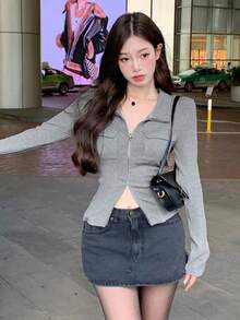 Sweet & Spicy Style Slimming Waist Stand Collar Knit Women Sexy Long Sleeve T-Shirt Top - Grey - View 2
