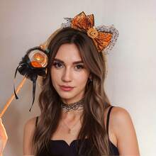 1pc Halloween Headband, Pumpkin Bow Design, Party Hair Accessory, Pumpkin Mesh Headpiece, Autumn Hair Accessory - Multicolor - View 4