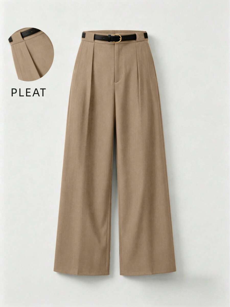 Mid-Waist Solid Color Elegant Straight Leg Pants With Belt Spring - Khaki - View 1