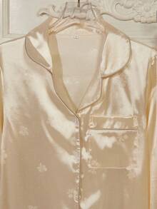 Women's Autumn/Winter Strawberry Jacquard Satin Patch Pocket Front Button Long Sleeve Pajama Set - Champagne - View 3