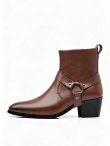 New Men's High Heel Leather Boots, Retro Western Cowboy Boots With Metal Buckle Strap And Side Zipper, Elevated Formal Boots, British Style - Brown - View 15