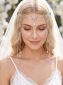 1pc Vintage Elegant Bridal Head Chain, Fairy Costume Accessory Forehead Chain - Silver - View 2