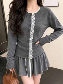 Cardigan Rajut Leher Bulat Motif Patchwork Wanita, Atasan Rajut Serbaguna Lengan Panjang Kancing Tunggal Pas Badan untuk Musim Semi/Gugur - Grey - View 3