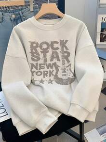 Women's American Rock Guitar Distressed Letter Crew Neck Sweatshirt, Vintage Street Loose Slouchy Autumn/Winter Pullover Top - Off-white - View 4