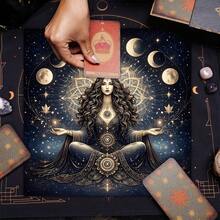1pc Moon Phase Goddess Tarot Cloth, Starry Sky Celestial Witch Altar Mat, Spiritual Divination Tablecloth For Tarot Reading Ritual Decor - Black - View 3