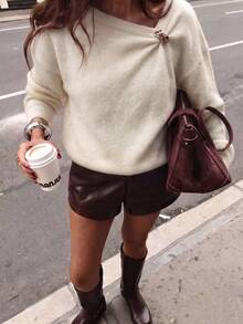 2026 Autumn/Winter New Fashion Elegant Commuter Winter Sweater, Christmas, Warm Sweater, Thanksgiving, Women's Metal Button Sweater, Elegant Asymmetric Shoulder Sweater - Apricot - View 5