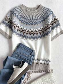 Third Introversion - Atasan Wanita Musim Panas untuk Semua Musim Motif Fair Isle Kerah Bulat Lengan Pendek Sweater Rajut Pullover - Bunga - View 2