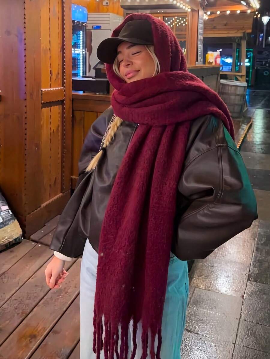 1pc Solid Color Scarf, Winter Warm Neck Protection, Thickened Wool Knit Thick Edge Tassel Shawl, Wearable - Burgundy - View 1