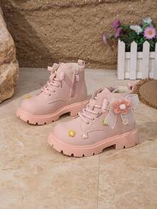 Sweet Floral Girls' Boots, Winter Thermal Lined Soft Sole Anti-Slip Princess Ankle Boots For Little Girls - Pink - View 1