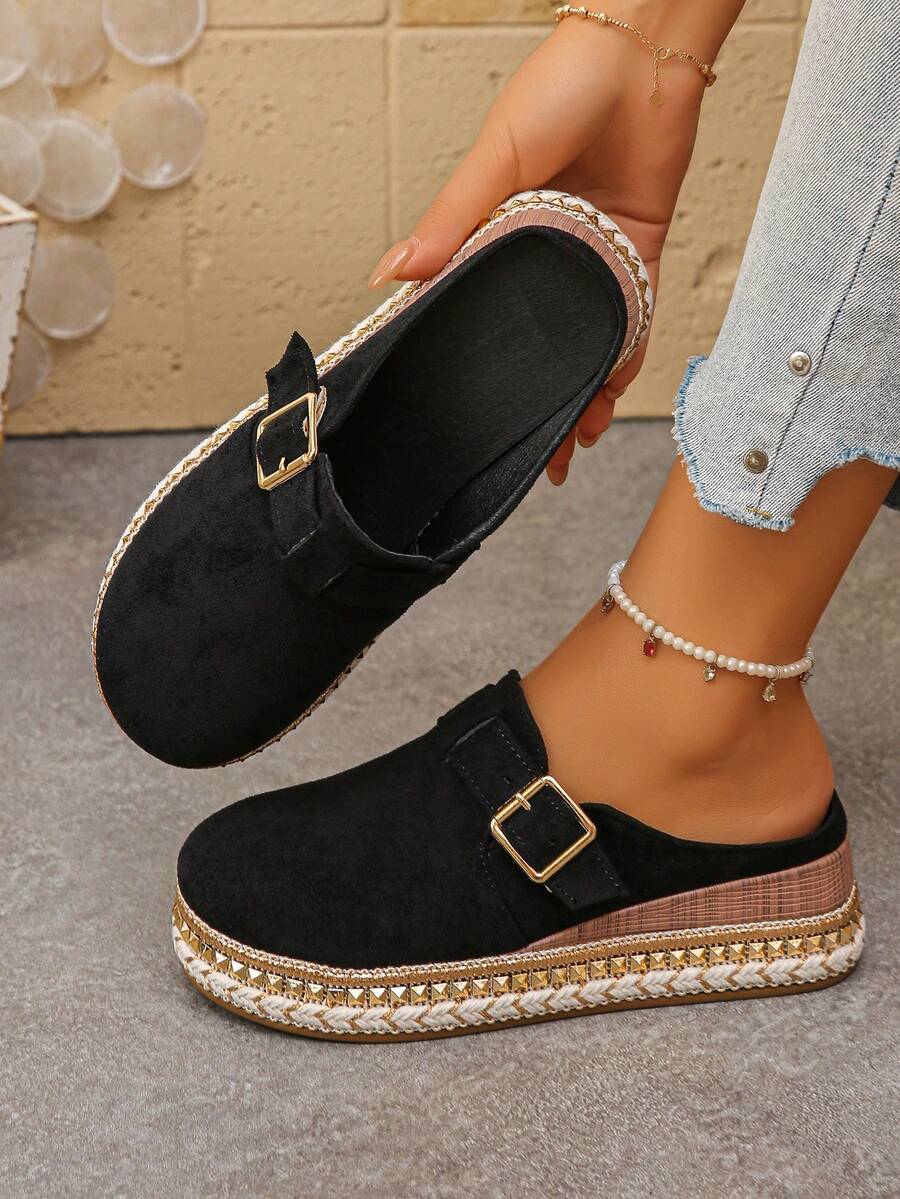 Women's Elegant Round Toe Buckle Black Half-Slip Spring/Autumn New Daily Wear Black Shoes Wide Toe Thick Sole Slippers - Black Suede - Small Square Buckle - View 1