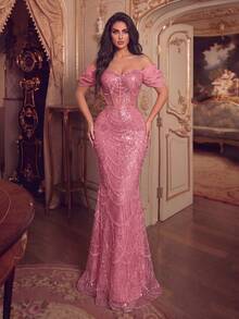 Elegant Cold Shoulder Ruched Sleeve Beaded Sequin Mermaid Fitted Long Dress For Photos, Beach Vacation, Resort, Evening Party & Formal Occasions - Pink - View 6