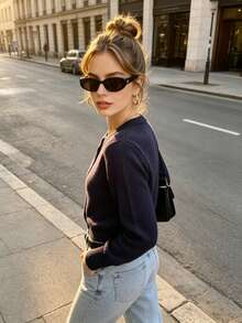 Navy Blue Knit Cardigan Women's Autumn New Style Round Neck Colorful Contrast Button Long Sleeve Short Loose Slimming Commute Sweater - Navy Blue - View 2