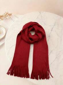 New Solid Color Scarf, Unisex Warm Knitted Tassel Long Scarf, Thick Boyfriend Style Neck Warmer, Suitable For Spring, Autumn And Winter - Burgundy - View 3