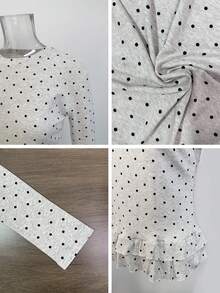 Atasan Kaos Wanita Lengan Panjang Ruffle Leher Bulat Motif Polkadot Musim Gugur Minimalis Manis Gaya Prancis - Light Grey - View 8
