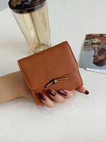 Stylish Cognac Knot Wallet, Pebbled Leather Flap Card Holder, Mini Envelope Purse For Women - Brown - View 2