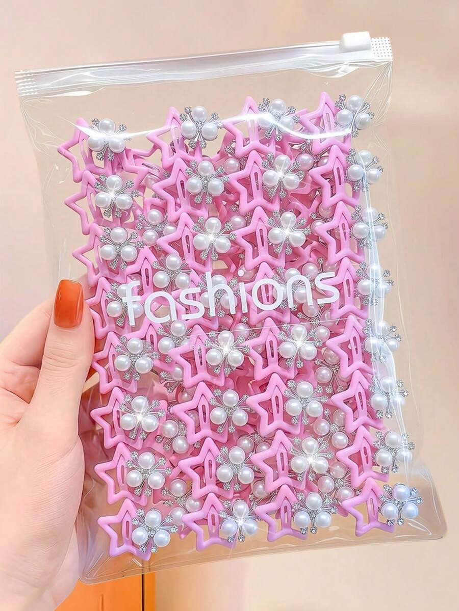 24/12pcs Pink Pearl Y2K Five-Pointed Star Hair Clips Set, Side ...