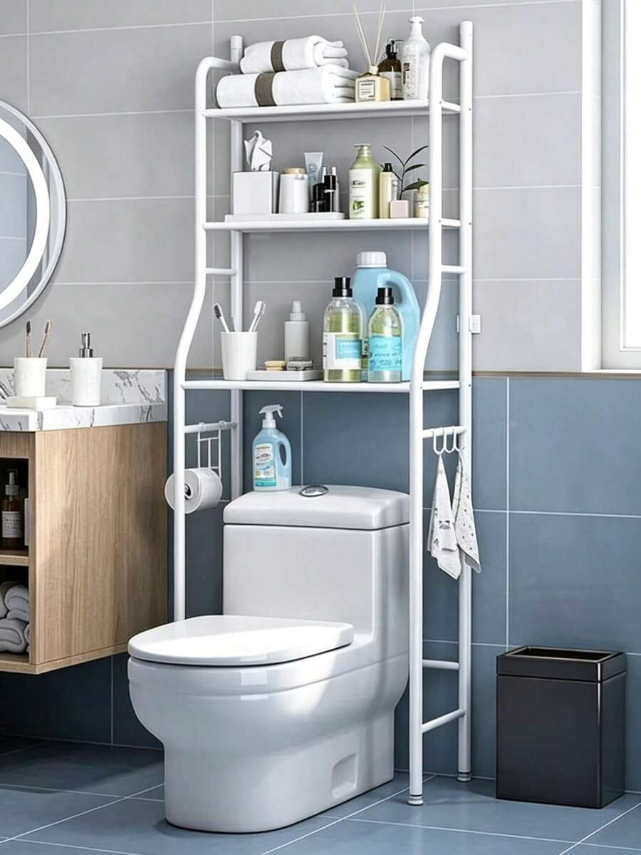Estantería Organizadora para Inodoro de 3 Niveles, Mueble de Baño Blanco con Ganchos Laterales, Ahorro de Espacio para Toallas, Papel Higiénico y Artículos de Aseo