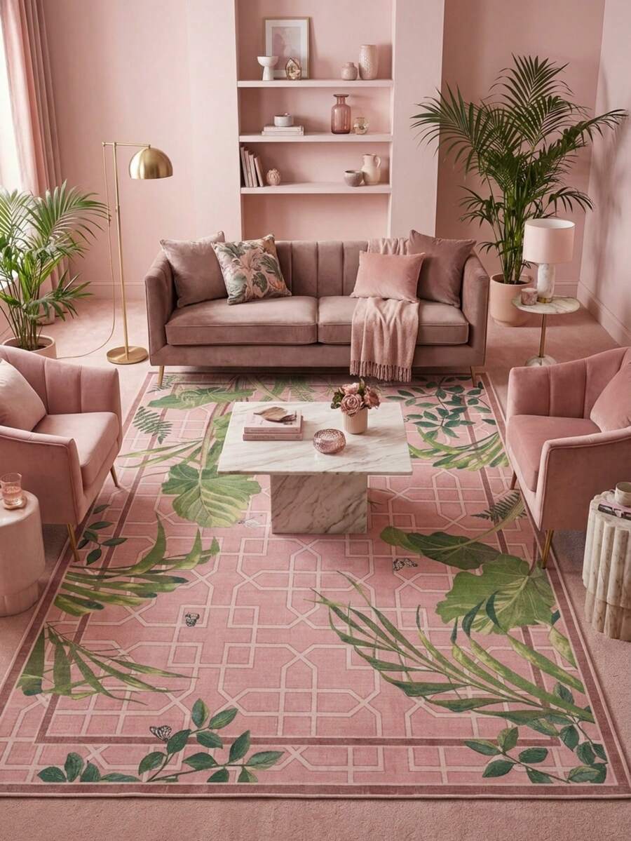 1 Buah Karpet Area Geometris Bunga Tanaman Tropis Warna Pink & Hijau, Bahan Kasmir Imitasi, Bentuk Persegi Panjang, Pola Gaya Pastoral Segar, Dapat Dicuci dengan Mesin, Cocok untuk Ruang Tamu, Kamar Tidur, Dekorasi Rumah Sehari-hari, Dekorasi Rumah Estetis - MultiWarna - View 1