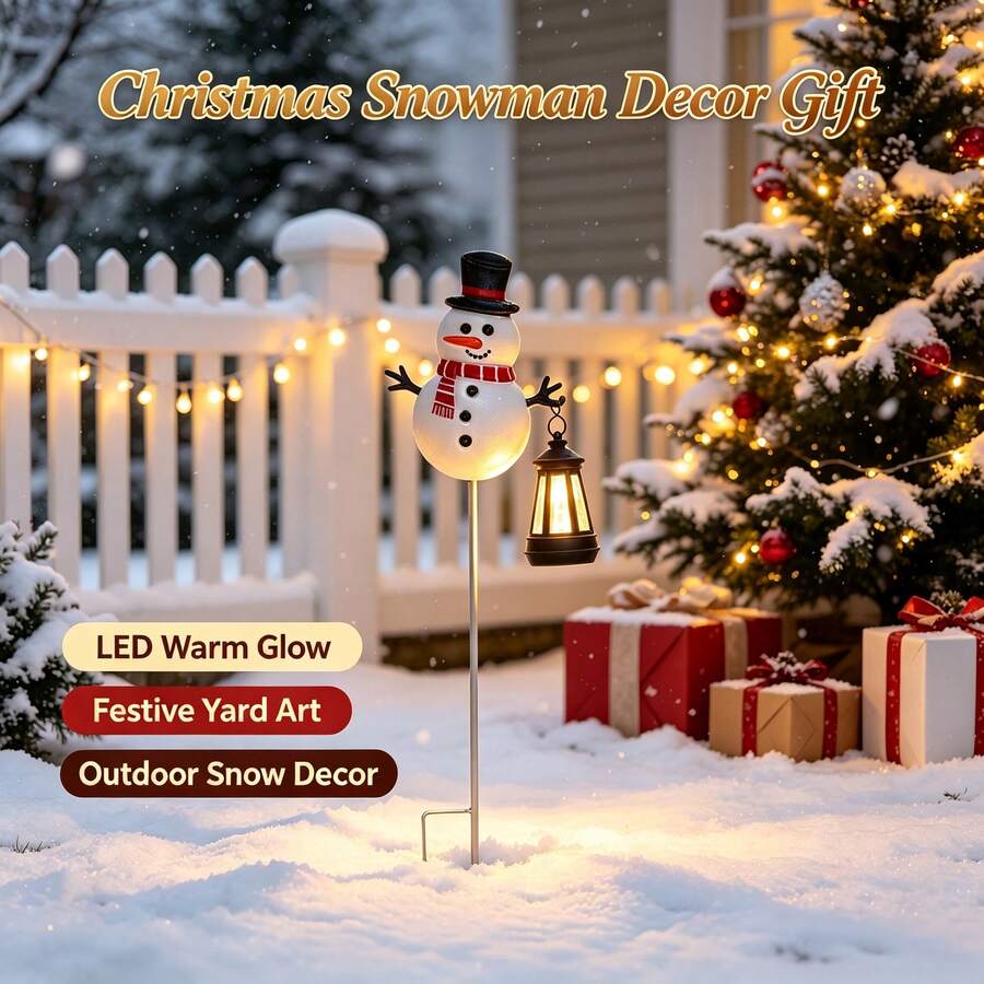 Outdoor Christmas Solar Ground Lights, Santa Claus & Snowman Shaped Lanterns, Garden Yard Pathway Holiday Decor, Christmas Decoration Gifts - Black Hat Snowman Lantern - View 1