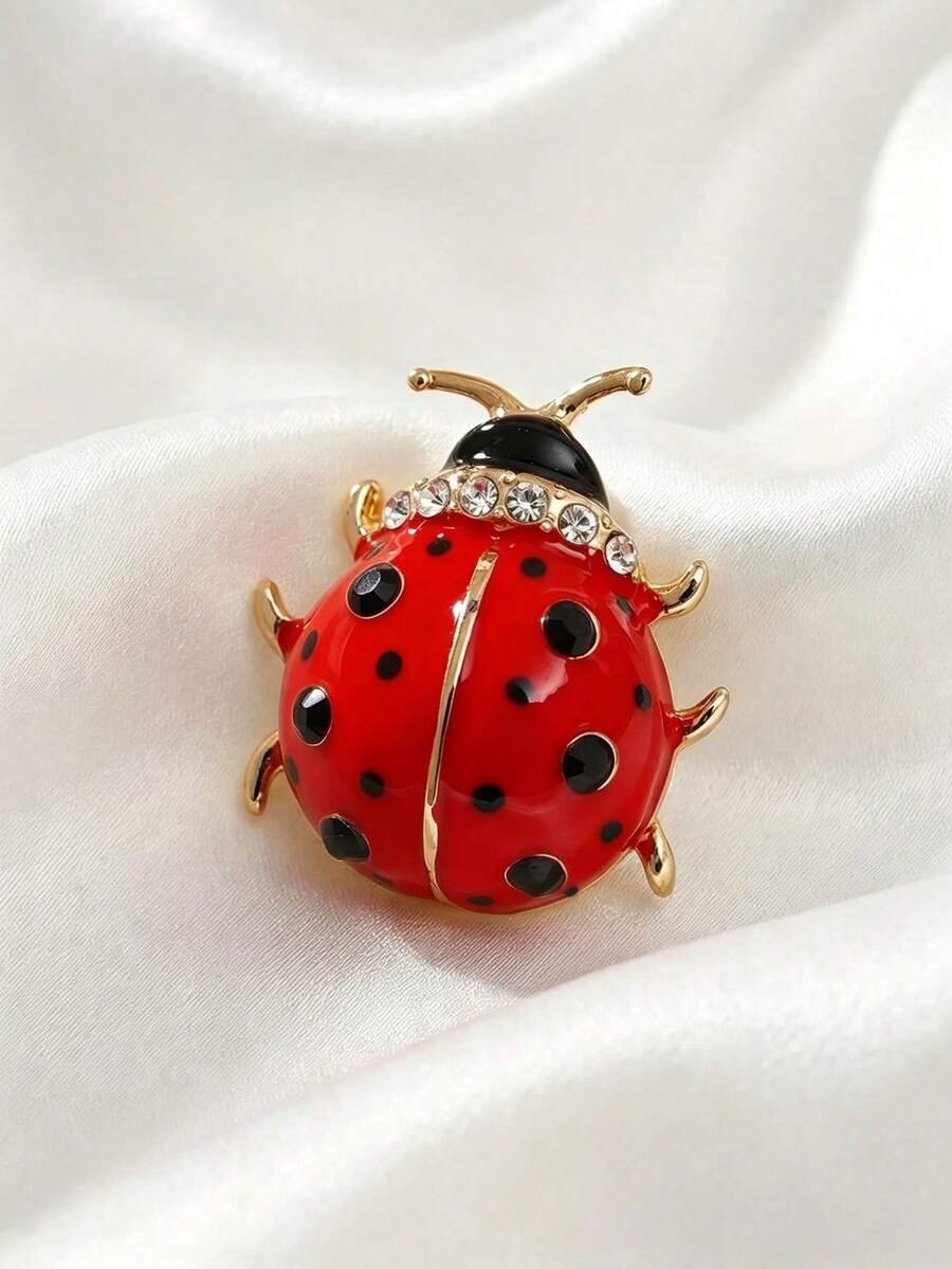 Red Background Black Dot Ladybug Brooch, Shiny Rhinestone Embellished Design, Versatile Accessory For Coats, Scarves, Backpacks And Lapels, Small Gift Item For Daily Use - Red - View 1