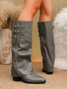 2024 Autumn New Women's Tall Boots Fashion Embroidered Knight Boots Mid-Heel Non-Slip - Grey - View 7