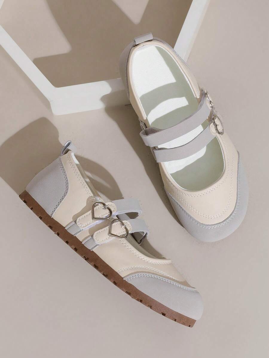 ZKBBO Women's Heart Buckle Double Strap Mary Jane Flats, Spliced Round Toe Casual Flat Shoes - Beige - View 1