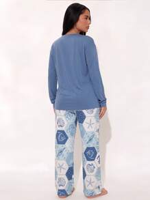 Early Autumn New Blue Women's 2-Piece Long Sleeve Pajama Set, Bow & Shell Print Long Sleeve Pants Set - Blue - View 5