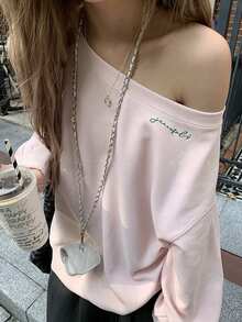 Women's Embroidered Asymmetric Shoulder Long Sleeve Casual Design Pullover Top - Pink - View 4