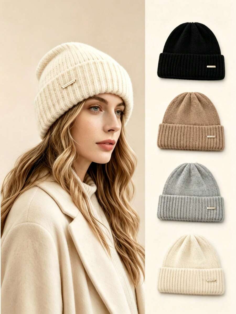 1pc Women's Plus Size Knitted Beanie, New Autumn/Winter Style, Versatile Thick Warm, Face-Flattering Ear-Protective Headwrap Beanie - Multicolor - View 1