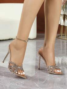 Elegant Thin Stiletto Mules, Women Metallic Rose Gold Pointed Open Toe Rhinestone Decor Slip On Wedding Party Heels - Champagne - View 3