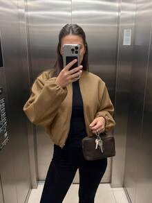 Women's Solid Color Zip-Up Short Jacket With Pockets, Casual Long Sleeve Soft Bomber Jacket, Versatile Minimalist Design For Autumn/Winter - Camel - View 2