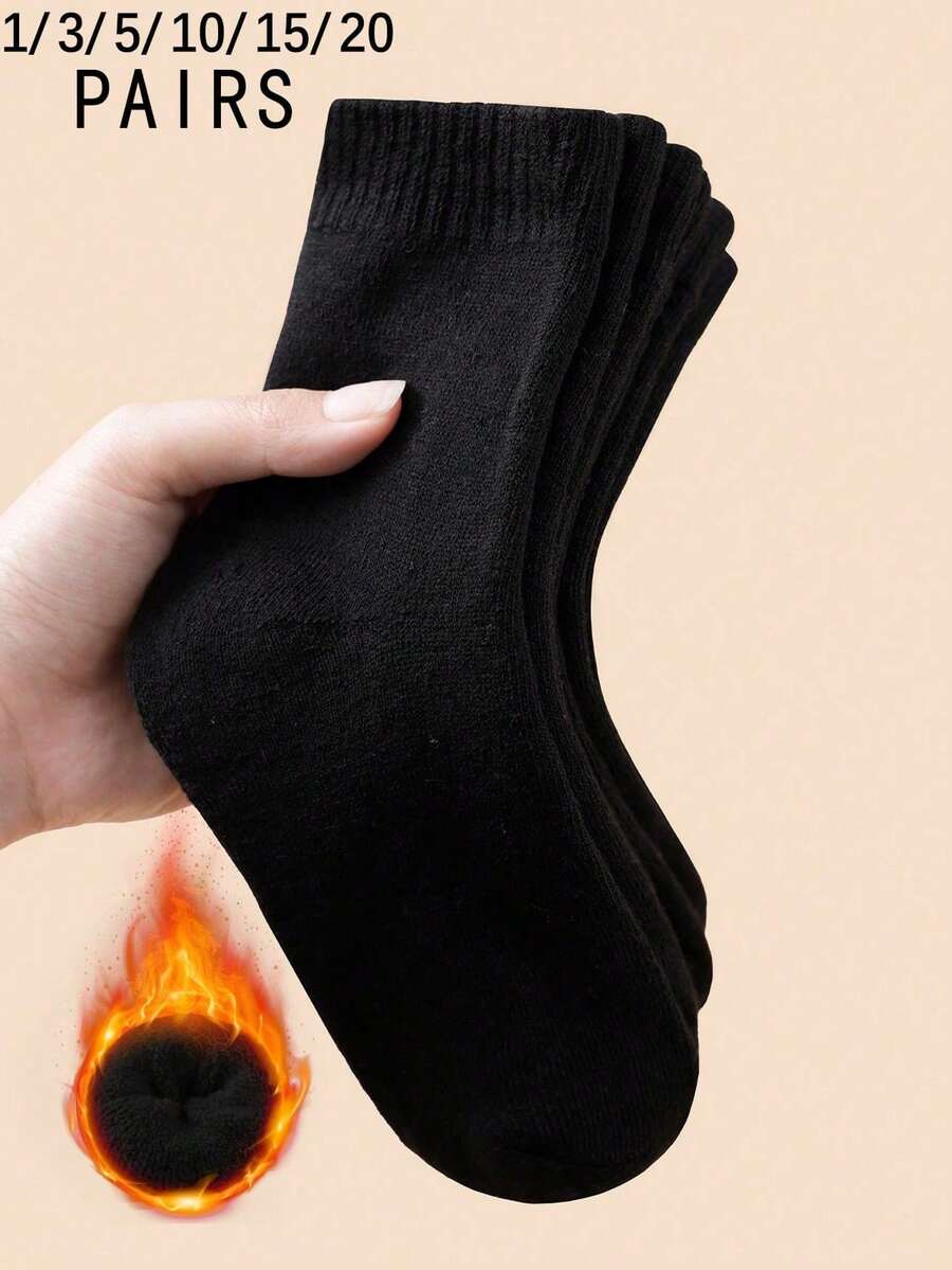 1/3/5/10/15/20 Pairs Women's Thick Solid Color Comfortable Warm Moisture-Wicking Mid-Calf Socks, Suitable For Autumn/Winter - Multicolor - View 1