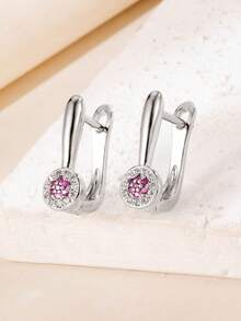 1 Pair Minimalist Round Cluster Clip Earrings, Double-Bar Streamlined Clip Body, Round Floral Cluster With Center Accent Stone And Surrounding Sparkling Stones, Commuter Style Ear Jewelry - Earrings - View 7