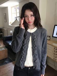 Autumn/Winter New Korean Style Round Neck Cable Knit 2 In 1 Cardigan Casual Versatile Sweater Top - Dark Grey - View 3