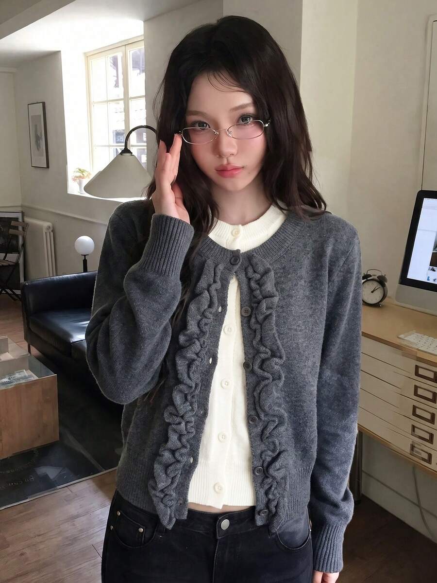 Autumn/Winter New Korean Style Round Neck Cable Knit 2 In 1 Cardigan Casual Versatile Sweater Top - Dark Grey - View 1