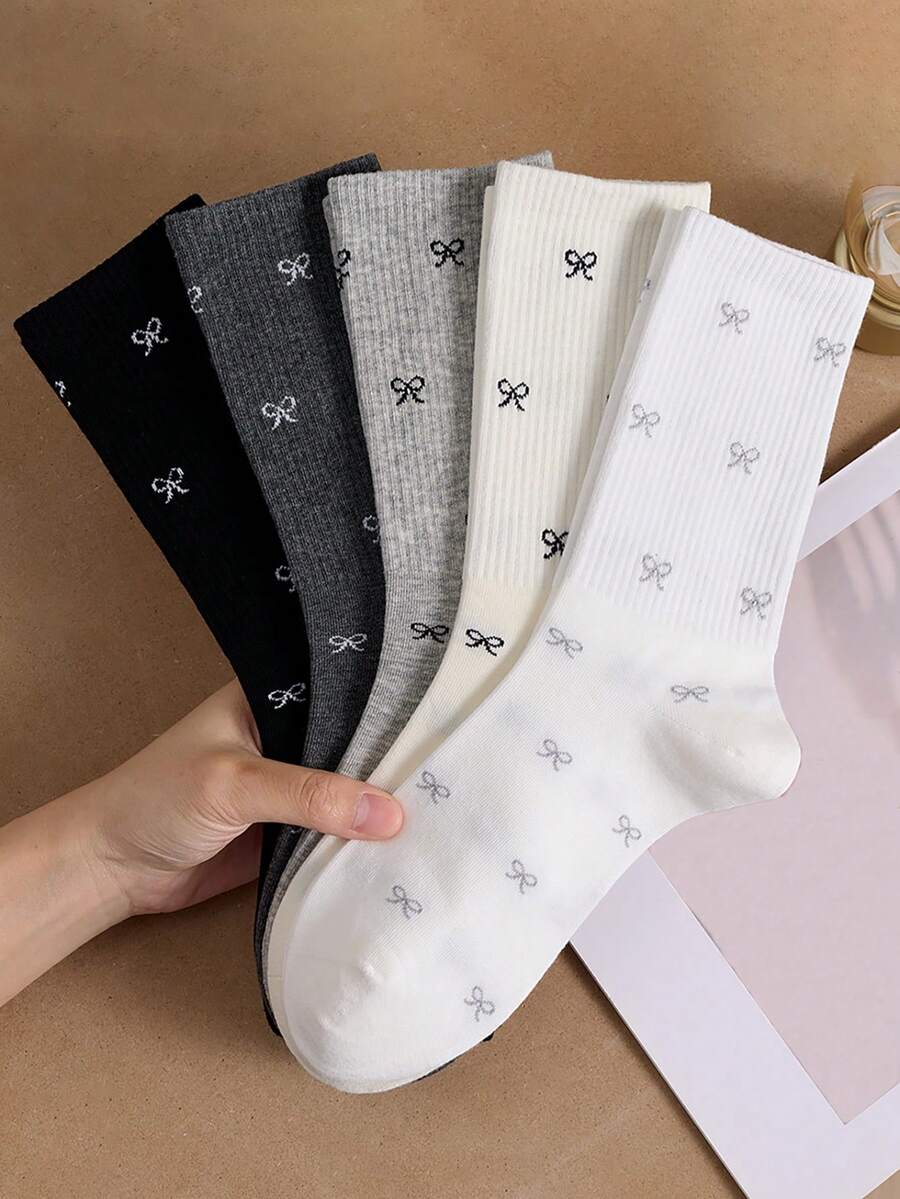 5雙女款短襪,白色與黑色蝴蝶結中筒襪,適合四季居家穿著 - 彩色 - 查看 1