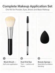 3pcs Makeup Brush Set Powder Brush Dual-Head Eyebrow Brush Eyeliner Brush With Black Sponge Puff Beginner Makeup Tool Kit Face Eye Makeup Combination - Black - View 5