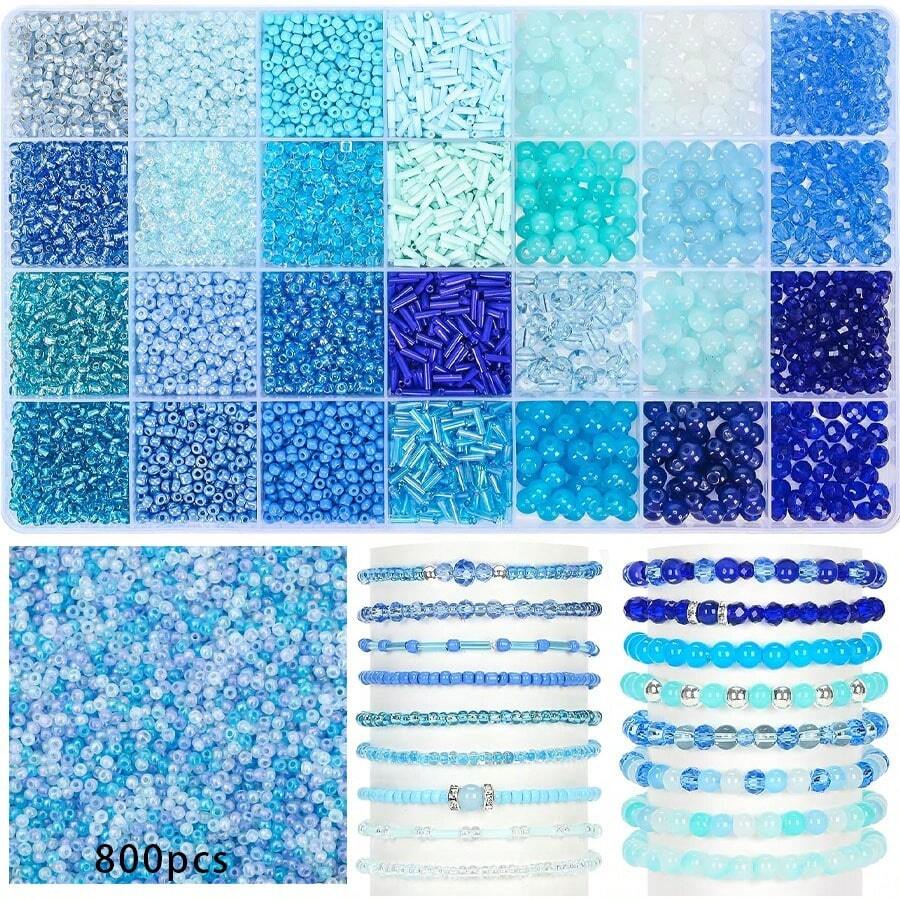 800pcs Random Mixed Color Beads/1set Seed Beads, Tube Beads, Crystal Beads Jewelry Making Kit, For Handmade DIY Bracelets, Necklaces, Keychains, Phone Charms, Arts And Crafts, Bag Charms, Storage Box Charms Making Handmade Set - A - View 1