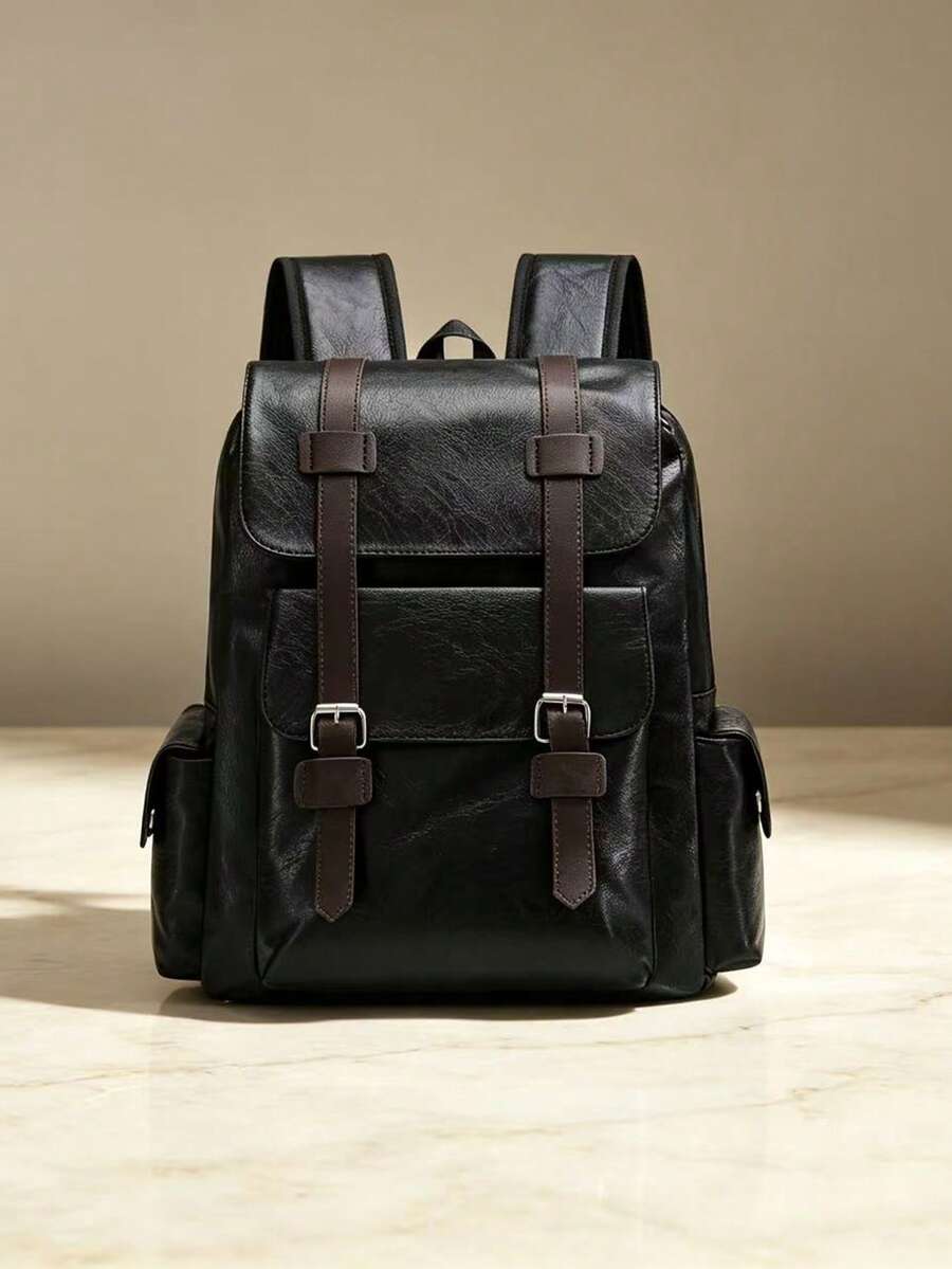 Men's Vintage Leather Backpack, Casual Business Travel Rucksack With Multiple Pockets, Classic Waterproof School Bag For Men, Professional, Laptop - Black - View 1
