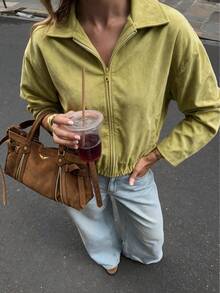 Women's Olive Green Zipper Jacket, Clean Girl Minimalist High-End Outerwear, Y2K Street Style Autumn Outfit - Green - View 3