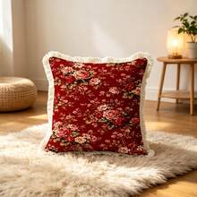 1PC Countryside Floral Print Pillow Cover With Tassel Border, Double-Sided Decorative Pillowcase, Red Peony Pattern, Home Decoration, Sofa, Bed, Bedroom(Excluding Pillow Core)-Size Excludes 3cm Tassels - Multicolor - View 7