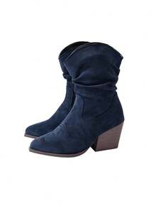 Women's Fashion Blue Suede Ruched Mid-Calf Boots, Slip-On Pointed Toe Chunky Heel Western Riding Boots, Autumn Wrinkled High Heel Long Boots, Slouchy - Blue - View 10