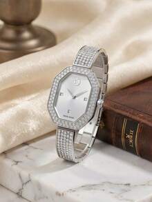 Swarovski 1 buah Jam Tangan Quartz Segi Delapan Warna Perak dengan Tali Paduan Seng Bertatahkan Berlian Imitasi Kaca, Jam Tangan Elegan untuk Wanita, Cocok untuk Pesta dan Penggunaan Sehari-hari - Putih - View 2