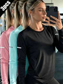 3pcs Women's Mesh Breathable Long Sleeve Tops, Slim Fit Elastic, Outdoor Sun Protection Sports Wear, Suitable For Running, Versatile And Comfortable - Multicolor - View 1