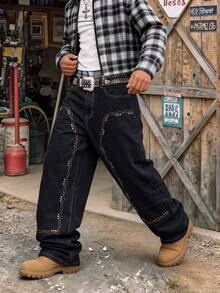 Men's Retro Black Wide‑Straight Jeans, Wavy Contrast Stitching With Silver Rivet Decor Street Denim Pants - Black - View 3