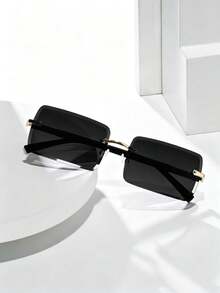 Unisex Retro Rectangular Frameless Fashion Glasses, Classic Plastic Style, Suitable For Travel, Beach Vacation, Casual Decor, Daily Wear - Black - View 3
