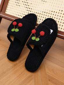 1 Pair Cute Cherry Decor Hook & Loop Design Women's Open Toe Plush Slippers, Corduroy Fabric, Soft Sole Comfortable Indoor Slippers - Black - View 5