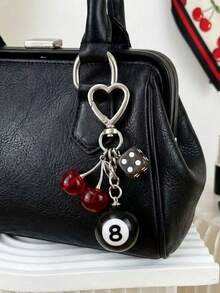 1/2pcs Cherry Dice Keychain Charm For Women & Men, Y2K Billiard Ball Pendant For Backpack Bag, Cute Heart Clasp Key Ring For Car Gift - Multicolor - View 4